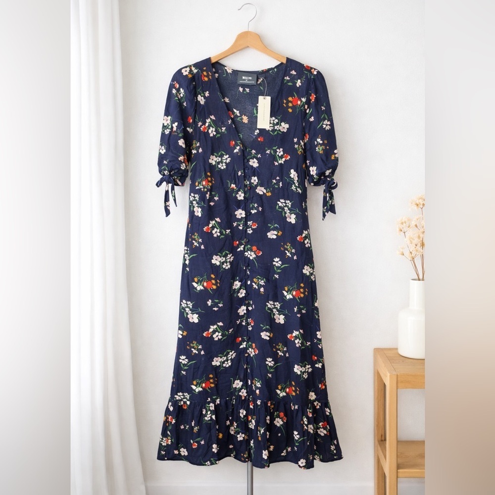 Maeve Anthropologie Navy Floral Button Front Midi Dress Size 6,NWT